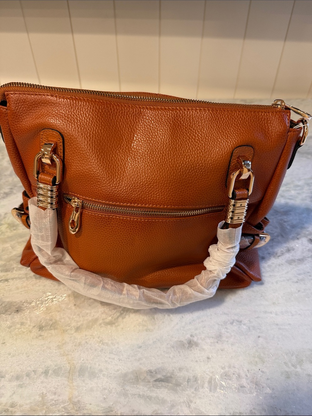 Pebbled Shoulder Tote in Cognac Brown with Gold Hardware